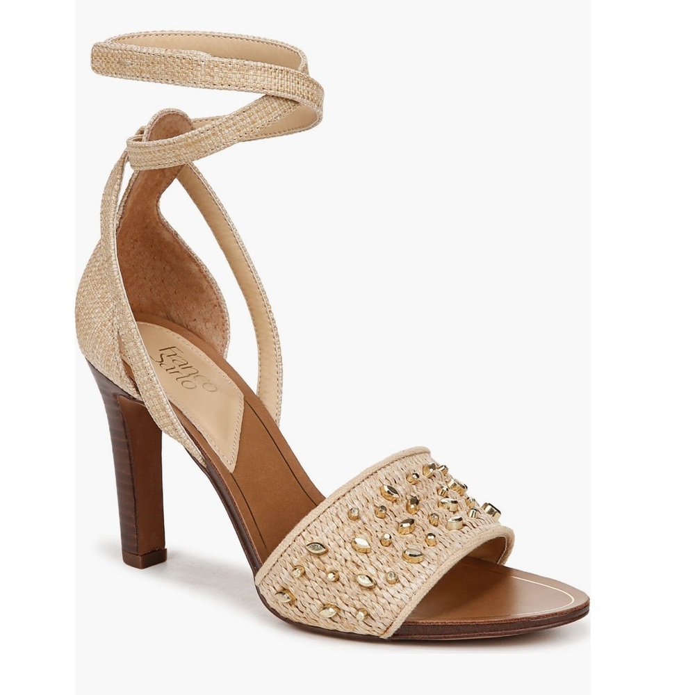 Franco Sarto Eleanor ankle strap Tan Embellished Heeled Sandals shoe size 10